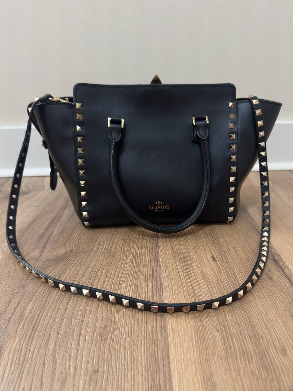 Valentino Garavani Black Leather Satchel with Gold Rockstuds